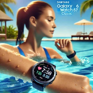 the image of a woman swimming while wearing the Samsung Galaxy Watch 6 Classic 47mm R960, showcasing its features. 