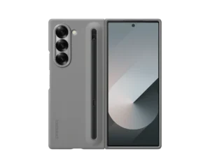 Samsung Galaxy Z Fold 6 Slim S Pen Grip Case in Grey with Removable S Pen Holder, Built-in Kickstand, and Shockproof Design for Maximum Protection.