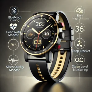 XINJI Smartwatch C3 in black background show all of its key features Bluetooth calling, heart rate Monitor, Step tracker and long battery life