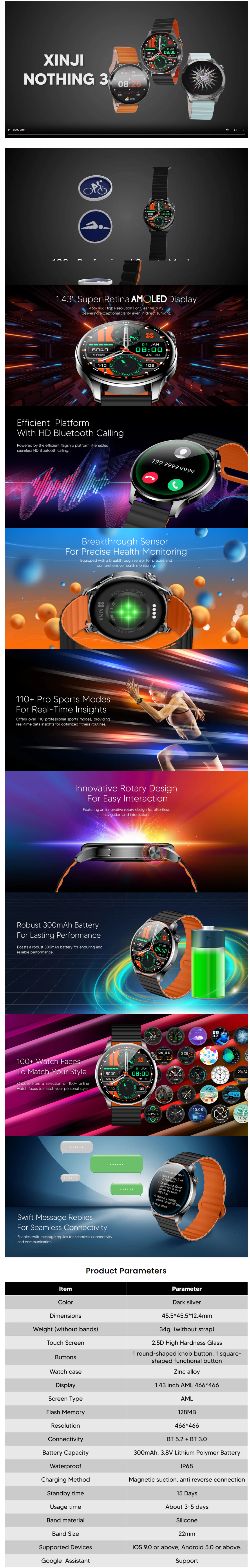 Comprehensive overview of the XINJI NOTHING 3 Smartwatch, highlighting features such as AMOLED display, Bluetooth calling, health monitoring functions, IP68 water resistance, and compatibility with Android and iOS.