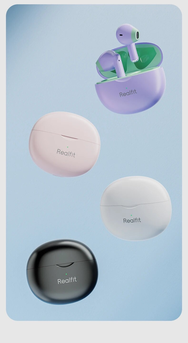 Realfit F2 Earphones in purple, pink, white, black Colors